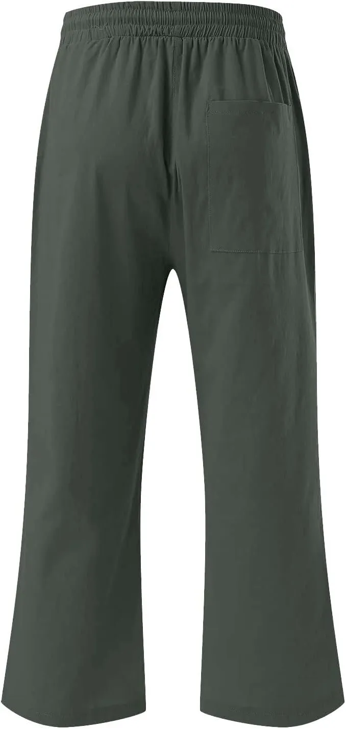 Capri Pants for Women Summer Linen Pants Drawstring Waisted Casual Loose Wide Leg Trousers Cropped Pants with Pockets