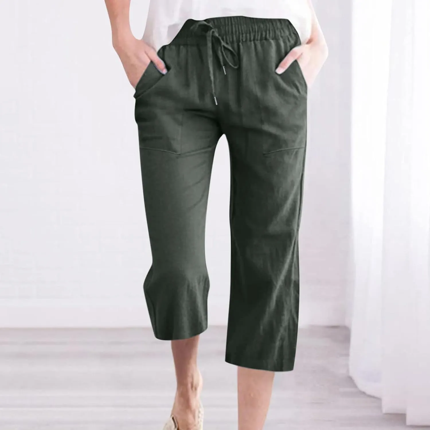 Capri Pants for Women Summer Linen Pants Drawstring Waisted Casual Loose Wide Leg Trousers Cropped Pants with Pockets