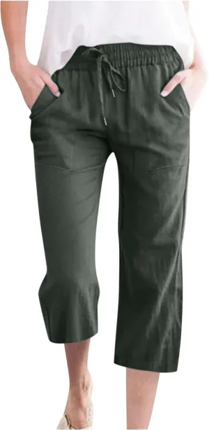 Capri Pants for Women Summer Linen Pants Drawstring Waisted Casual Loose Wide Leg Trousers Cropped Pants with Pockets
