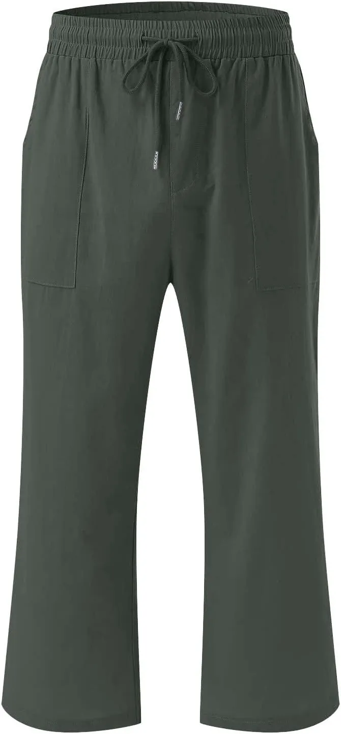 Capri Pants for Women Summer Linen Pants Drawstring Waisted Casual Loose Wide Leg Trousers Cropped Pants with Pockets