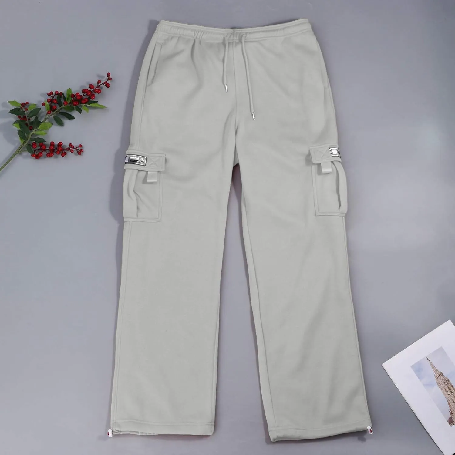 Casual Cargo Sweatpants for Men Plus Size Drawstring Waist Open Bottom Sweatpants Baggy Lounge Pants with Pockets
