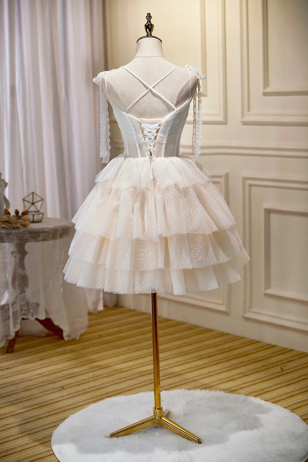 Champagne Lace Short Party Dress A-Line Spaghetti Strap Evening Dress