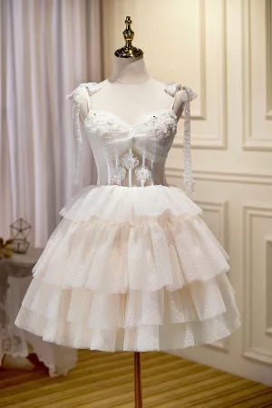 Champagne Lace Short Party Dress A-Line Spaghetti Strap Evening Dress