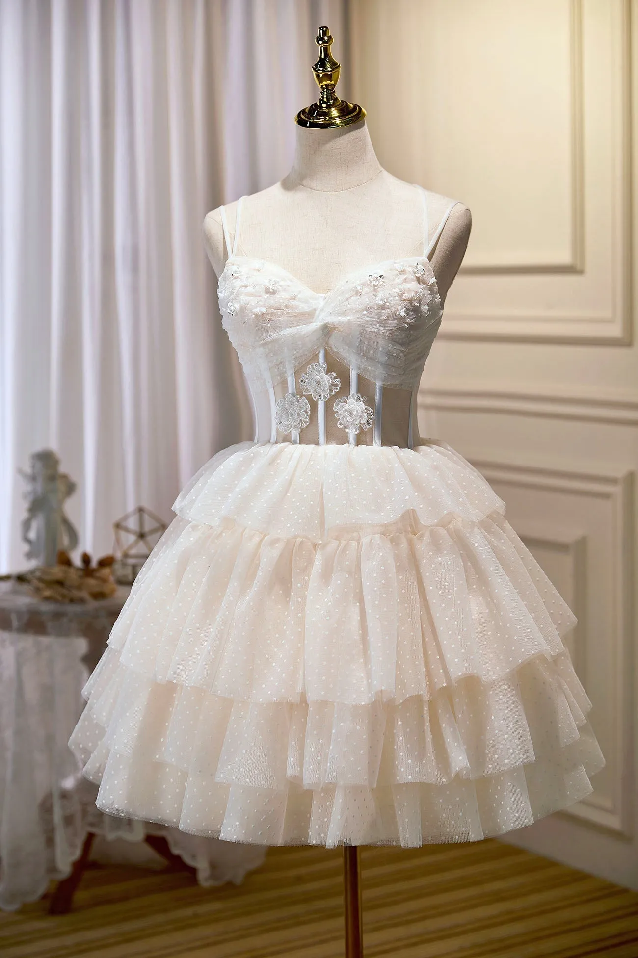 Champagne Lace Short Party Dress A-Line Spaghetti Strap Evening Dress