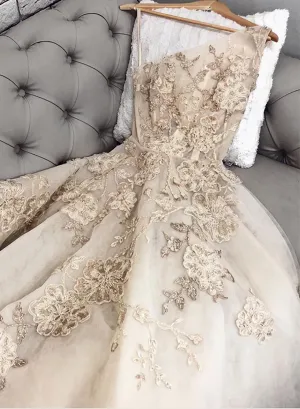 Champagne Lace Tulle Long Prom Dress One Shoulder Evening Dress