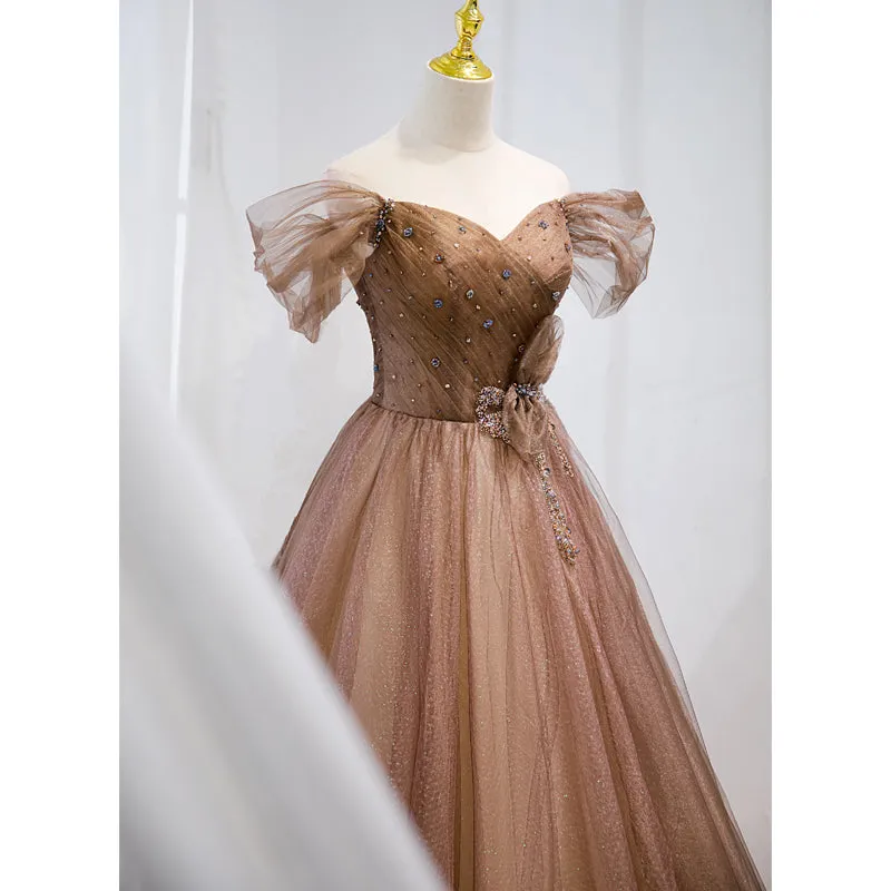 Champagne Off Shoulder Beaded A-line Tulle Long Party Dress Long Evening Gown
