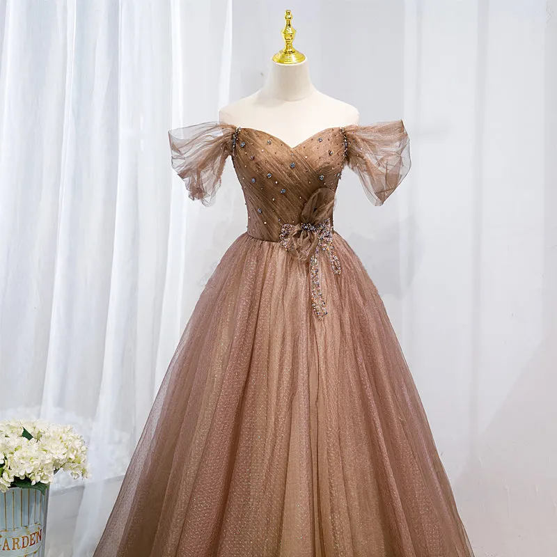Champagne Off Shoulder Beaded A-line Tulle Long Party Dress Long Evening Gown