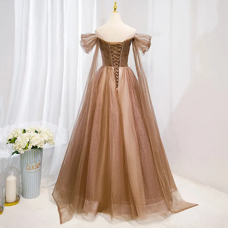 Champagne Off Shoulder Beaded A-line Tulle Long Party Dress Long Evening Gown