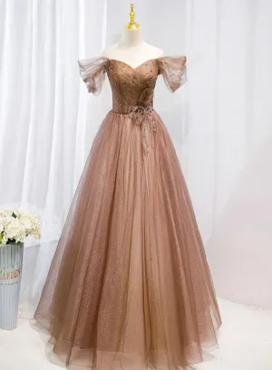 Champagne Off Shoulder Beaded A-line Tulle Long Party Dress Long Evening Gown