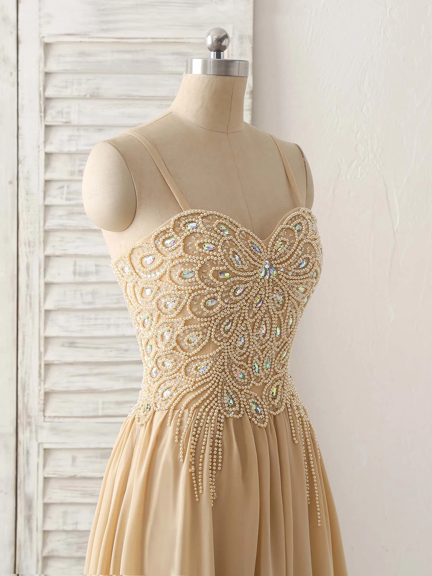 Champagne Sweetheart Neck Beads Long Prom Dress Evening Dress