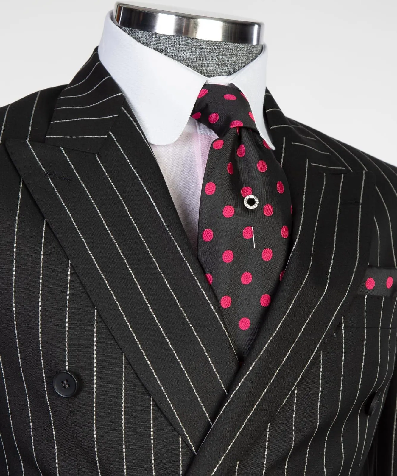 Classic Double Breasted Black Striped Suit