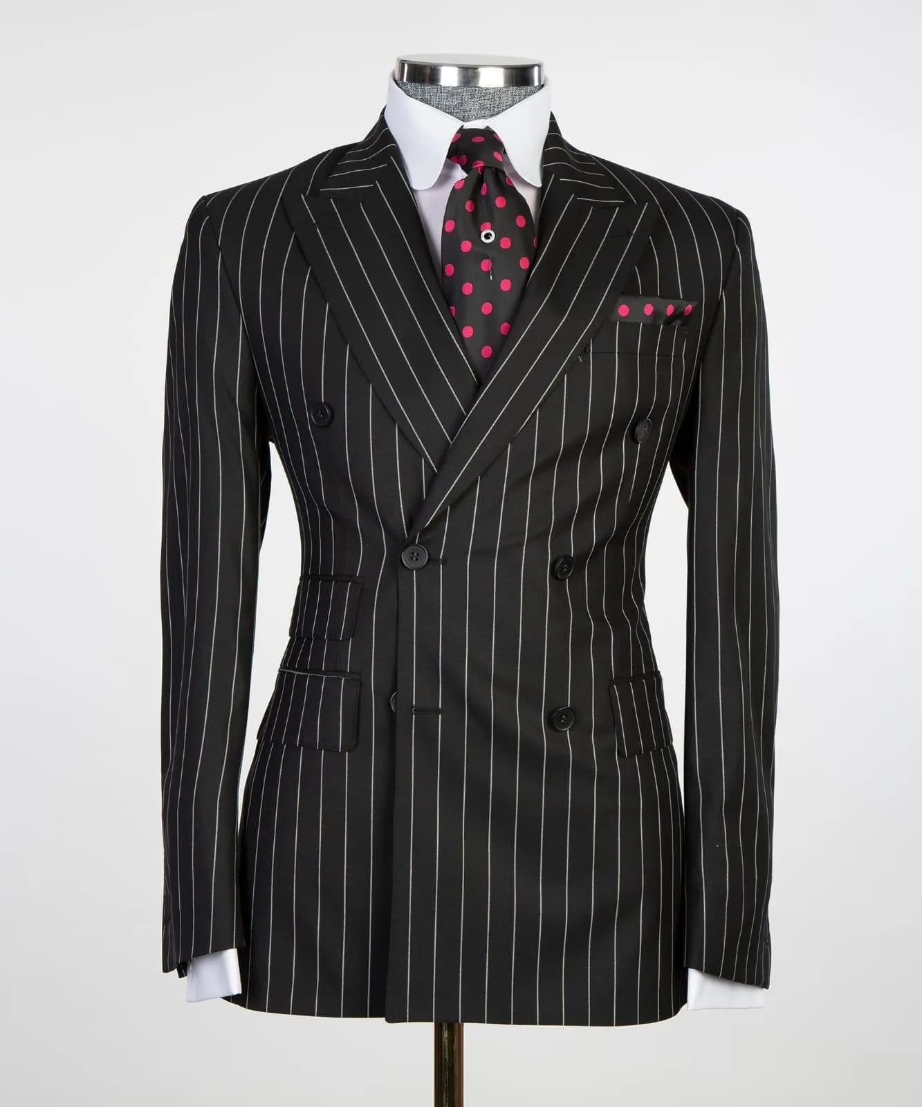 Classic Double Breasted Black Striped Suit
