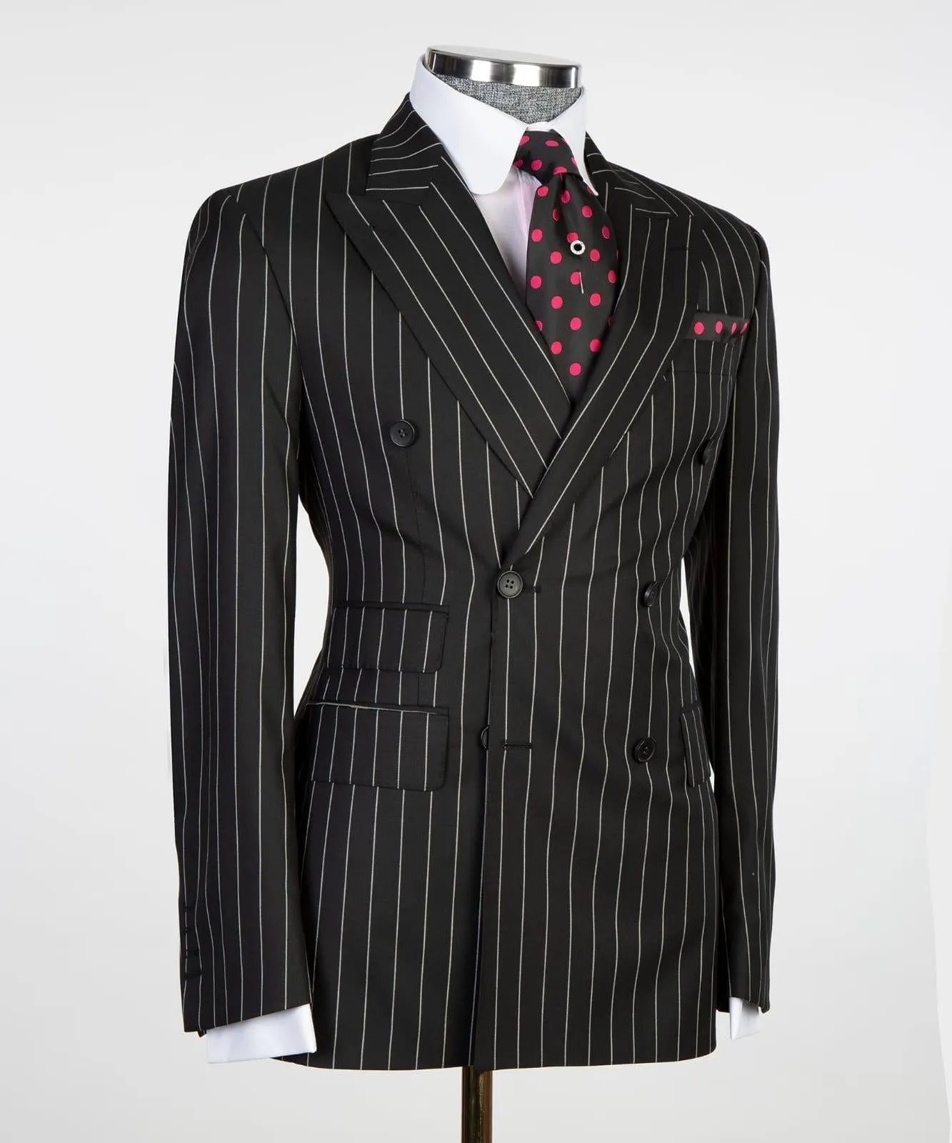 Classic Double Breasted Black Striped Suit