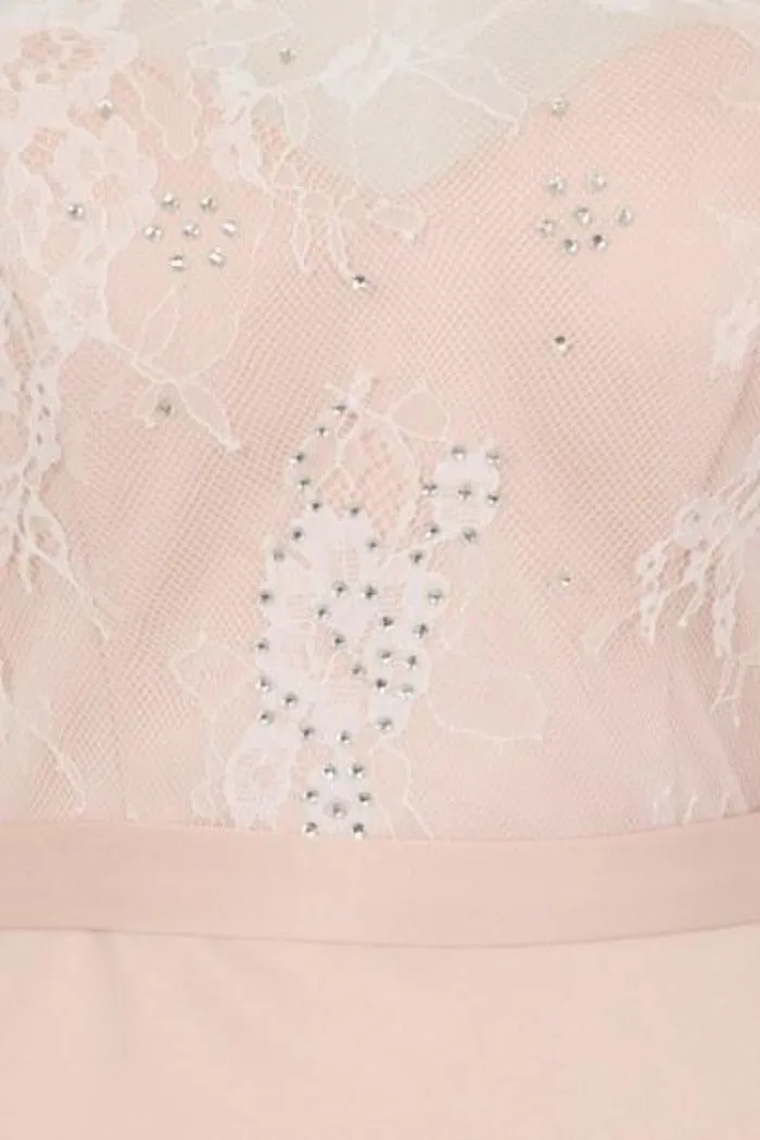 Cleo Luxe Nude Halterneck Diamante Lace Fishtail Maxi Dress