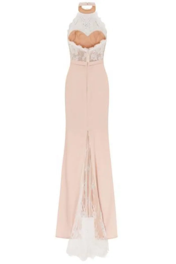 Cleo Luxe Nude Halterneck Diamante Lace Fishtail Maxi Dress