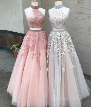 Custom made two pieces tulle long prom dress lace evening dress