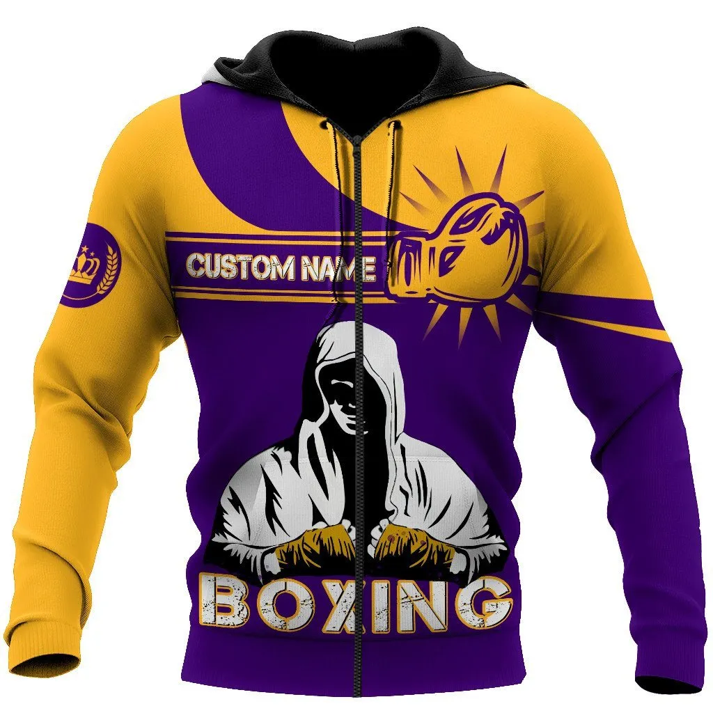 Custom Name Boxing Purple and Yellow 3D Full Printed Sweatshirt Zip Hoodie, Boxing Christmas Shirt