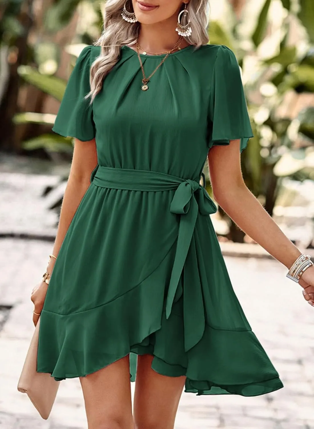 Dokotoo Womens Summer Dresses 2025 Crewneck Short Sleeve Waist Tie Ruffle Casual Chiffon A-Line Swing Mini Dress