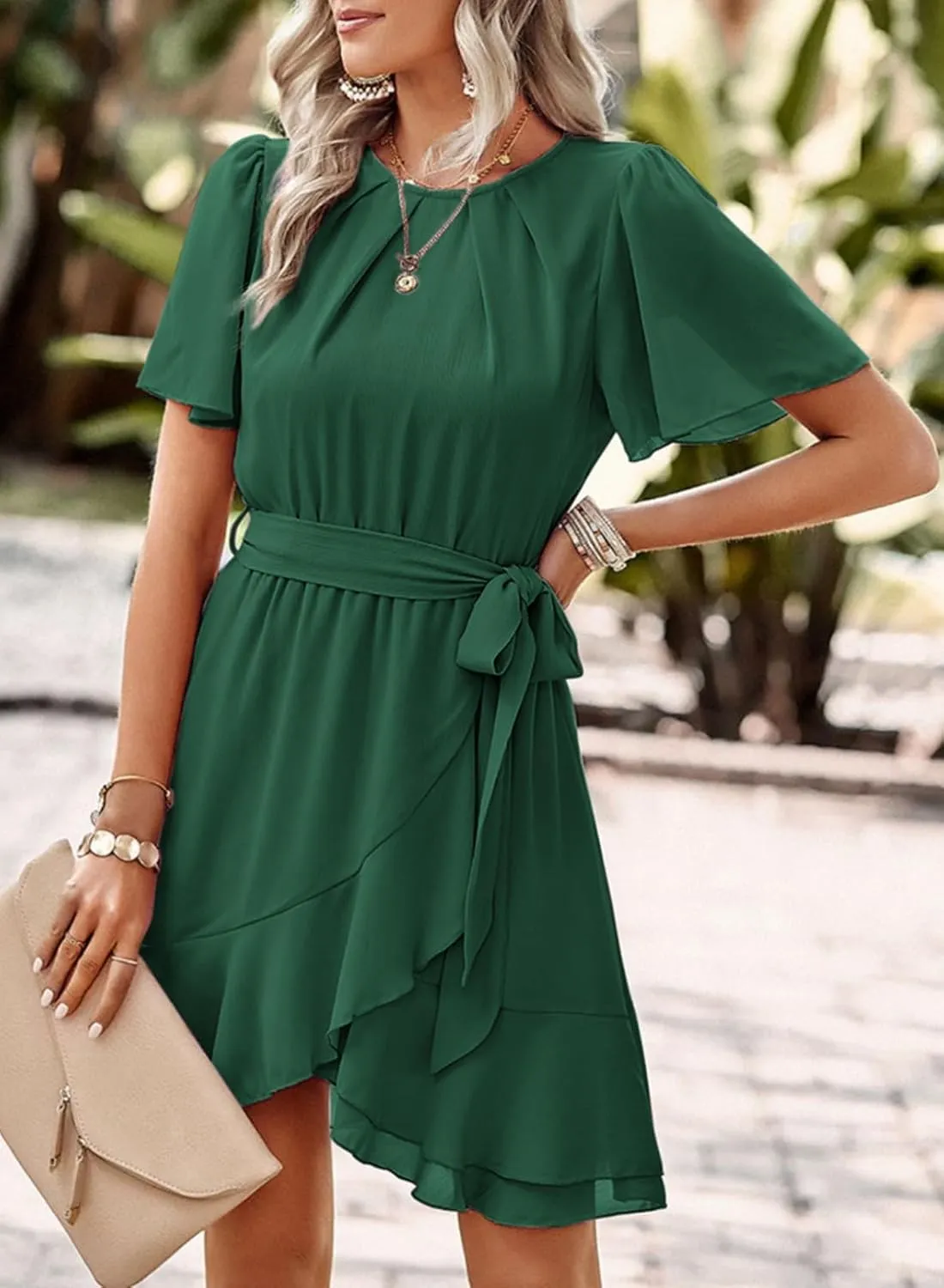 Dokotoo Womens Summer Dresses 2025 Crewneck Short Sleeve Waist Tie Ruffle Casual Chiffon A-Line Swing Mini Dress