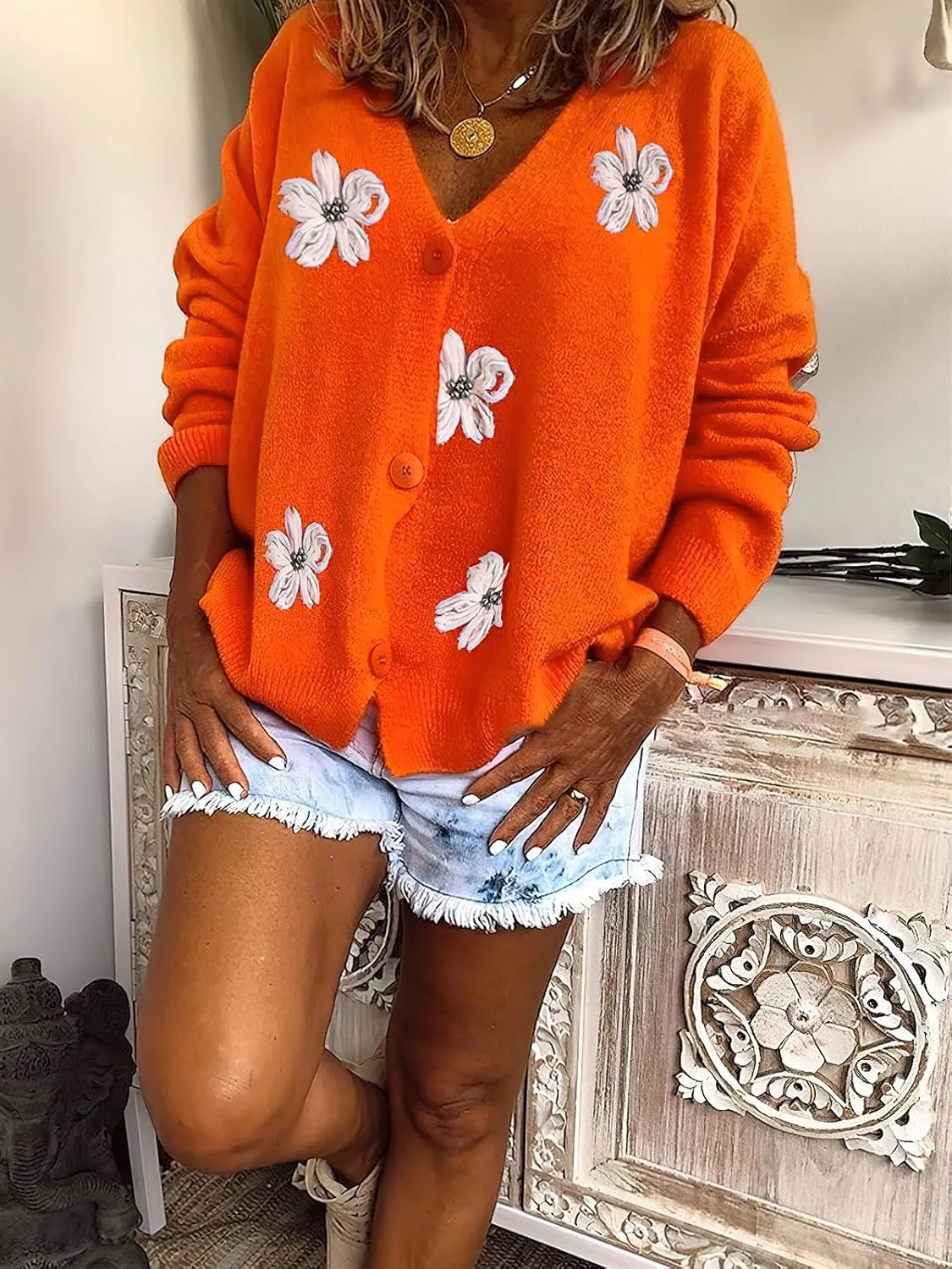 ebossy Women's Embroidery Floral Cable Knit Cardigans Button Down Artistic Aesthetic Sweater