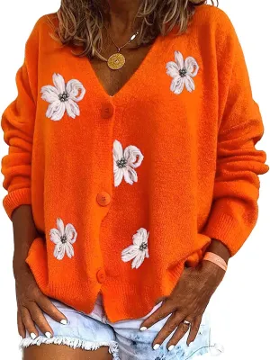 ebossy Women's Embroidery Floral Cable Knit Cardigans Button Down Artistic Aesthetic Sweater