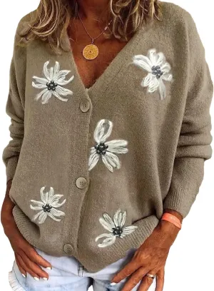 ebossy Women's Embroidery Floral Cable Knit Cardigans Button Down Artistic Aesthetic Sweater