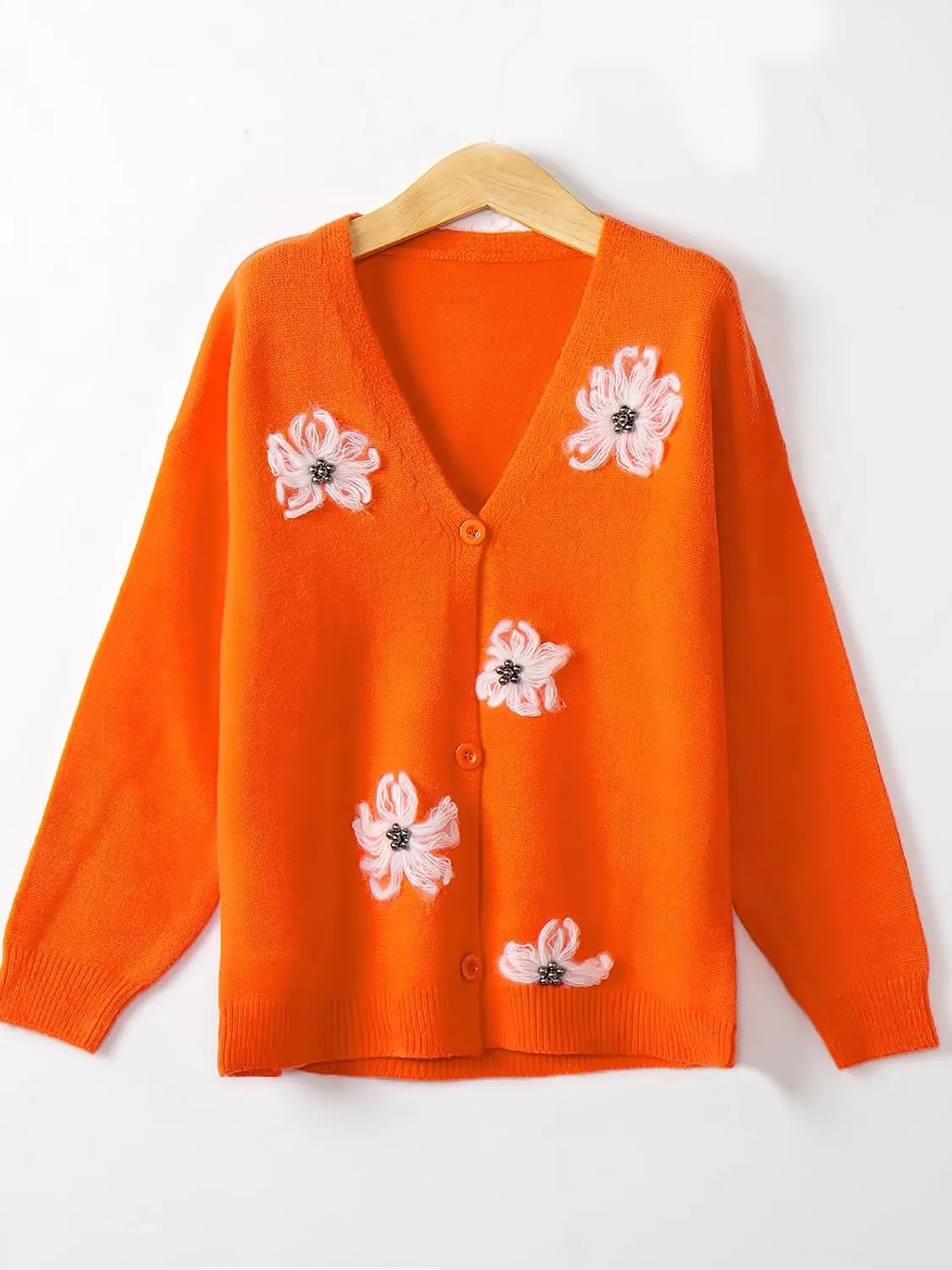 ebossy Women's Embroidery Floral Cable Knit Cardigans Button Down Artistic Aesthetic Sweater