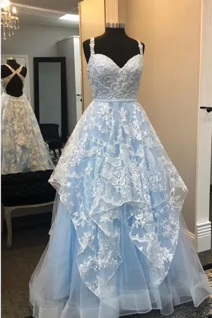 Elegant A Line Blue Open Back Appliques Prom Dress Long Evening Party Dress 9928