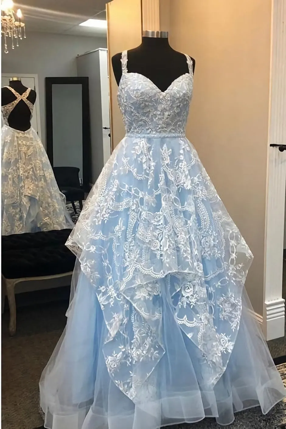 Elegant A Line Blue Open Back Appliques Prom Dress Long Evening Party Dress 9928