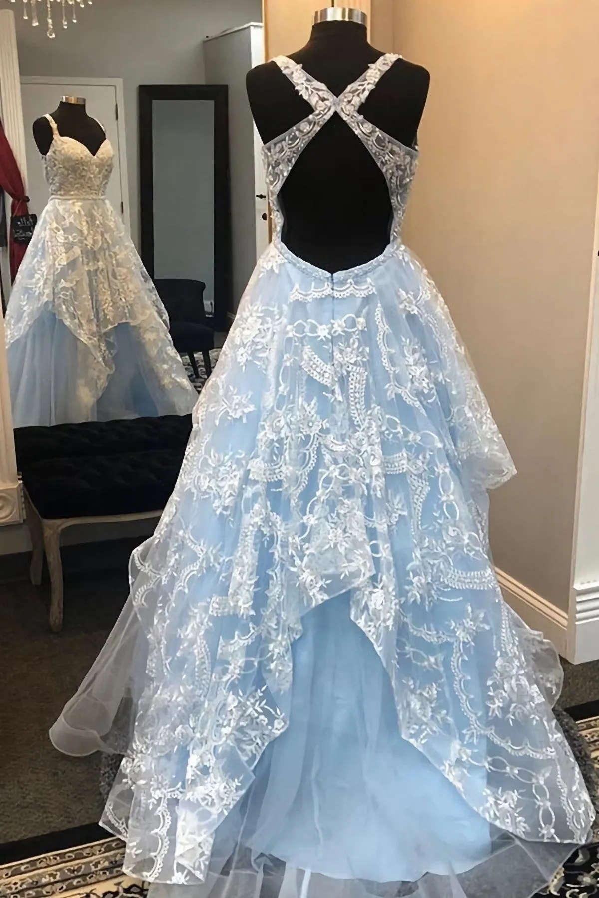 Elegant A Line Blue Open Back Appliques Prom Dress Long Evening Party Dress 9928