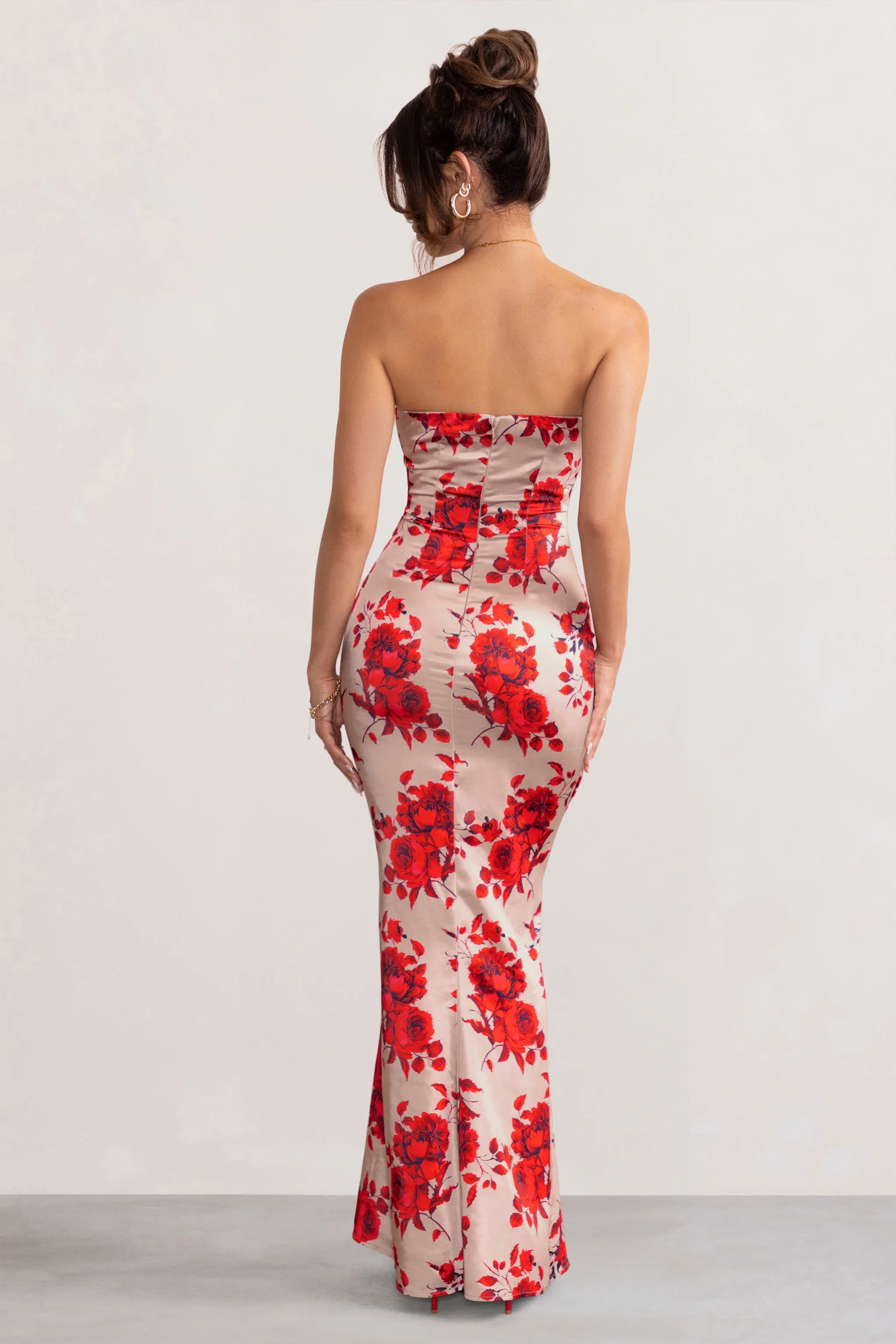Esme | Champagne Floral Print Satin Fishtail Maxi Dress