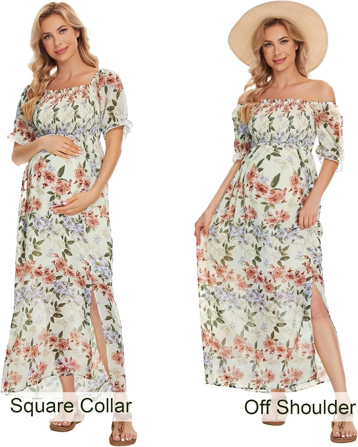 Floral Maternity Dress Square Neck Puff Sleeve Smocked Boho Photoshoot Baby Shower Pregnancy Dresses
