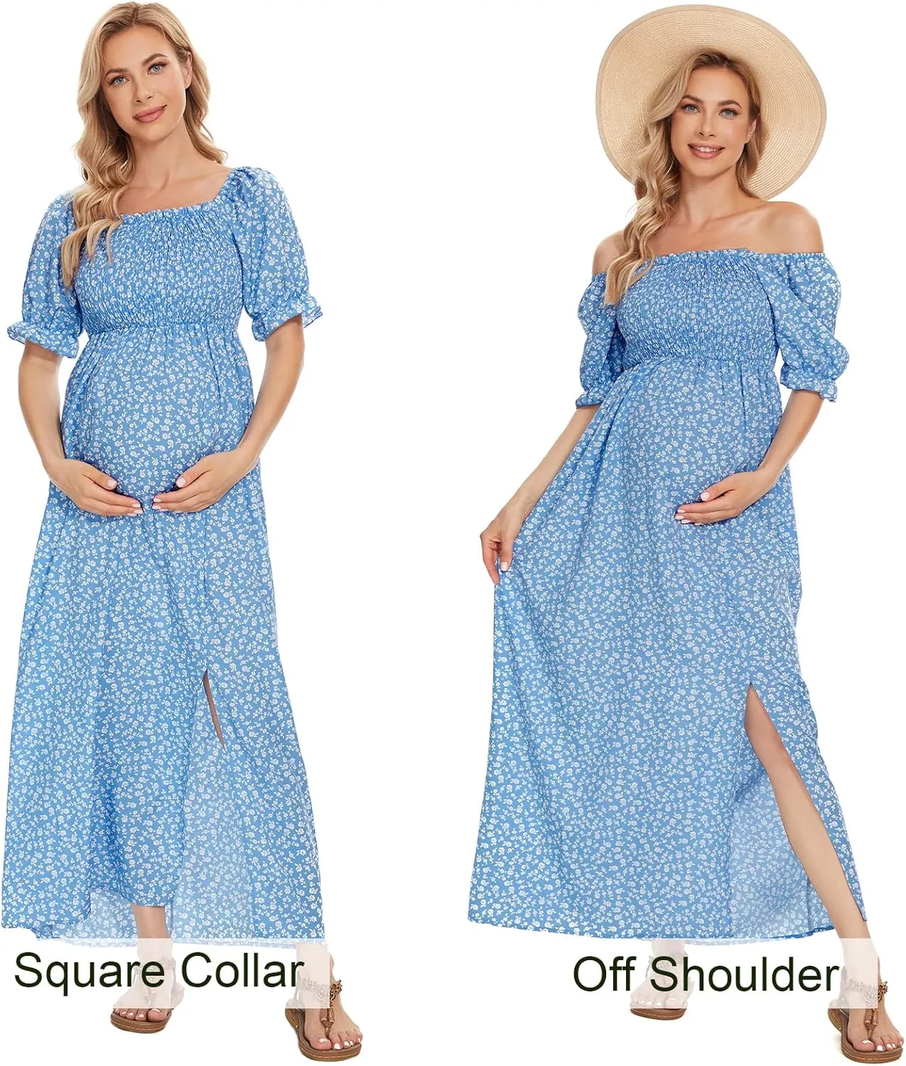 Floral Maternity Dress Square Neck Puff Sleeve Smocked Boho Photoshoot Baby Shower Pregnancy Dresses