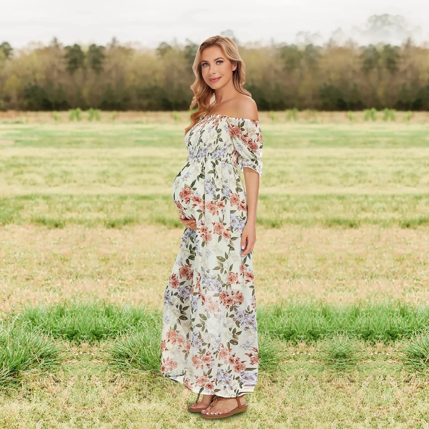 Floral Maternity Dress Square Neck Puff Sleeve Smocked Boho Photoshoot Baby Shower Pregnancy Dresses