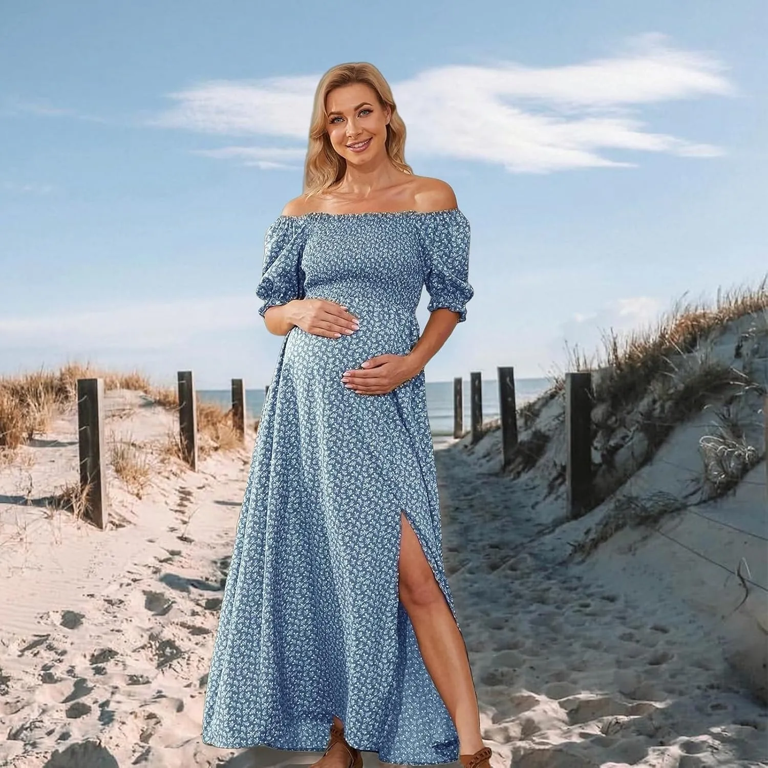 Floral Maternity Dress Square Neck Puff Sleeve Smocked Boho Photoshoot Baby Shower Pregnancy Dresses