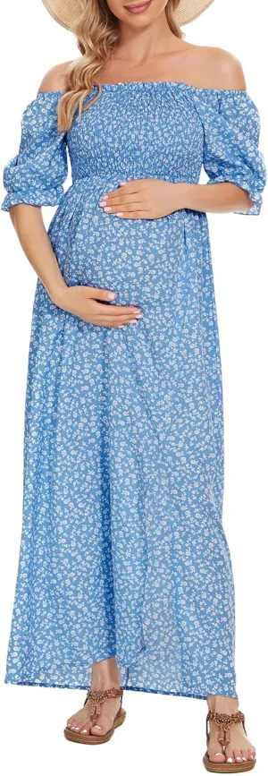 Floral Maternity Dress Square Neck Puff Sleeve Smocked Boho Photoshoot Baby Shower Pregnancy Dresses