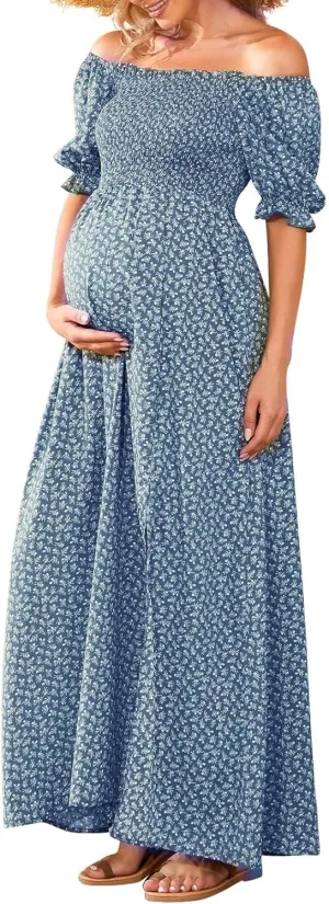Floral Maternity Dress Square Neck Puff Sleeve Smocked Boho Photoshoot Baby Shower Pregnancy Dresses