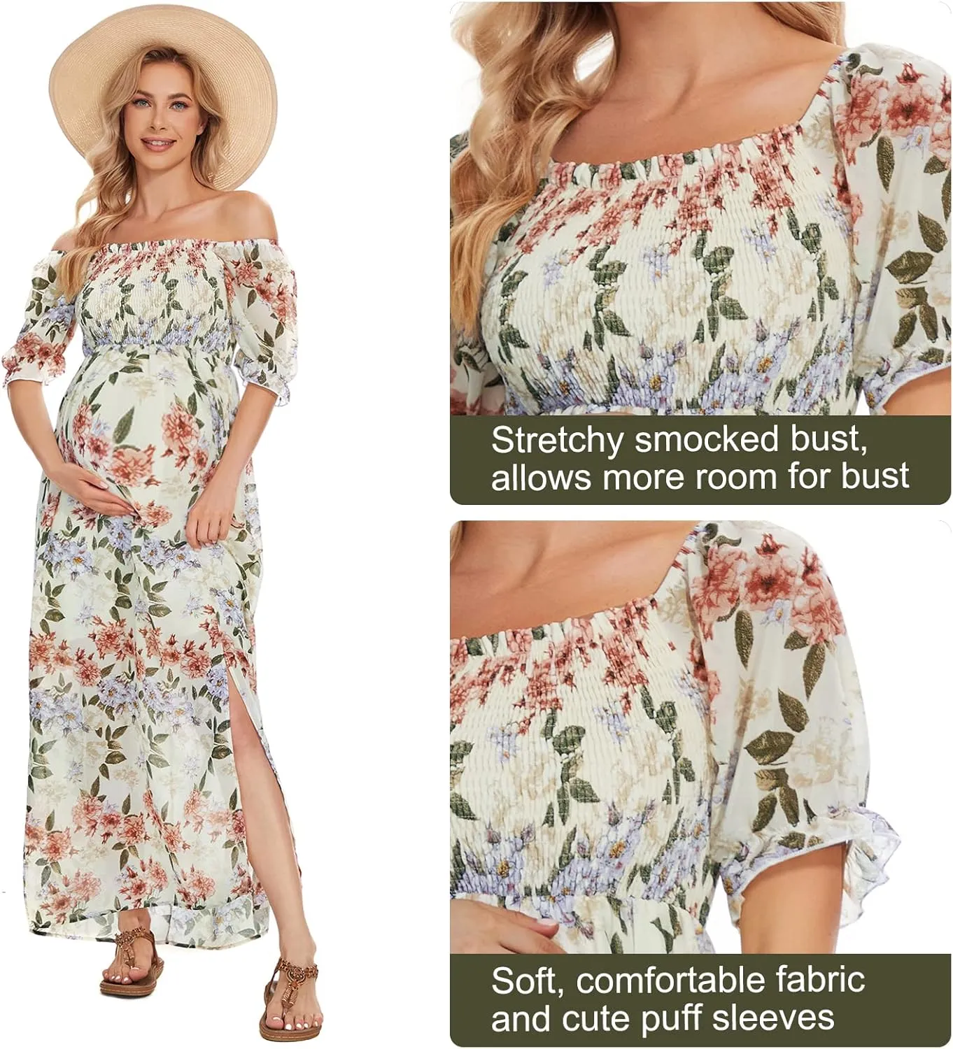 Floral Maternity Dress Square Neck Puff Sleeve Smocked Boho Photoshoot Baby Shower Pregnancy Dresses