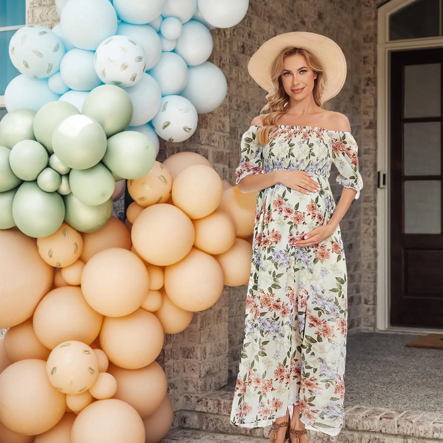 Floral Maternity Dress Square Neck Puff Sleeve Smocked Boho Photoshoot Baby Shower Pregnancy Dresses