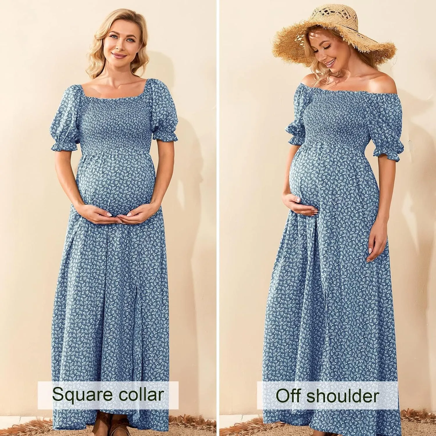 Floral Maternity Dress Square Neck Puff Sleeve Smocked Boho Photoshoot Baby Shower Pregnancy Dresses