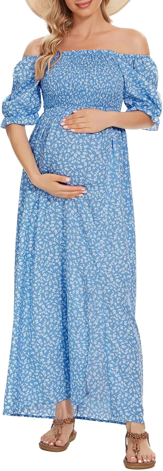 Floral Maternity Dress Square Neck Puff Sleeve Smocked Boho Photoshoot Baby Shower Pregnancy Dresses