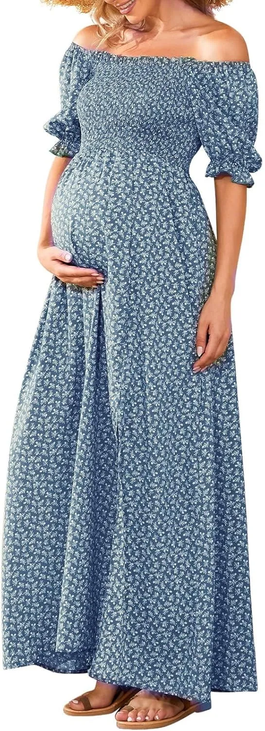 Floral Maternity Dress Square Neck Puff Sleeve Smocked Boho Photoshoot Baby Shower Pregnancy Dresses