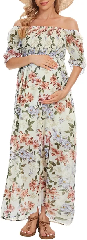 Floral Maternity Dress Square Neck Puff Sleeve Smocked Boho Photoshoot Baby Shower Pregnancy Dresses