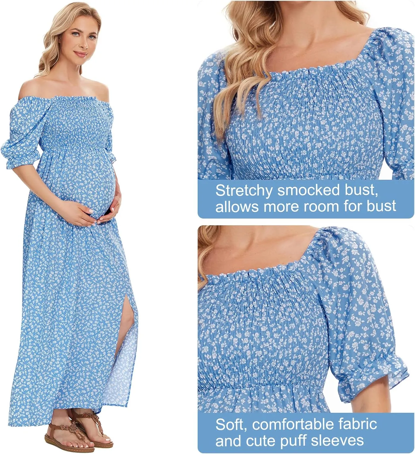 Floral Maternity Dress Square Neck Puff Sleeve Smocked Boho Photoshoot Baby Shower Pregnancy Dresses