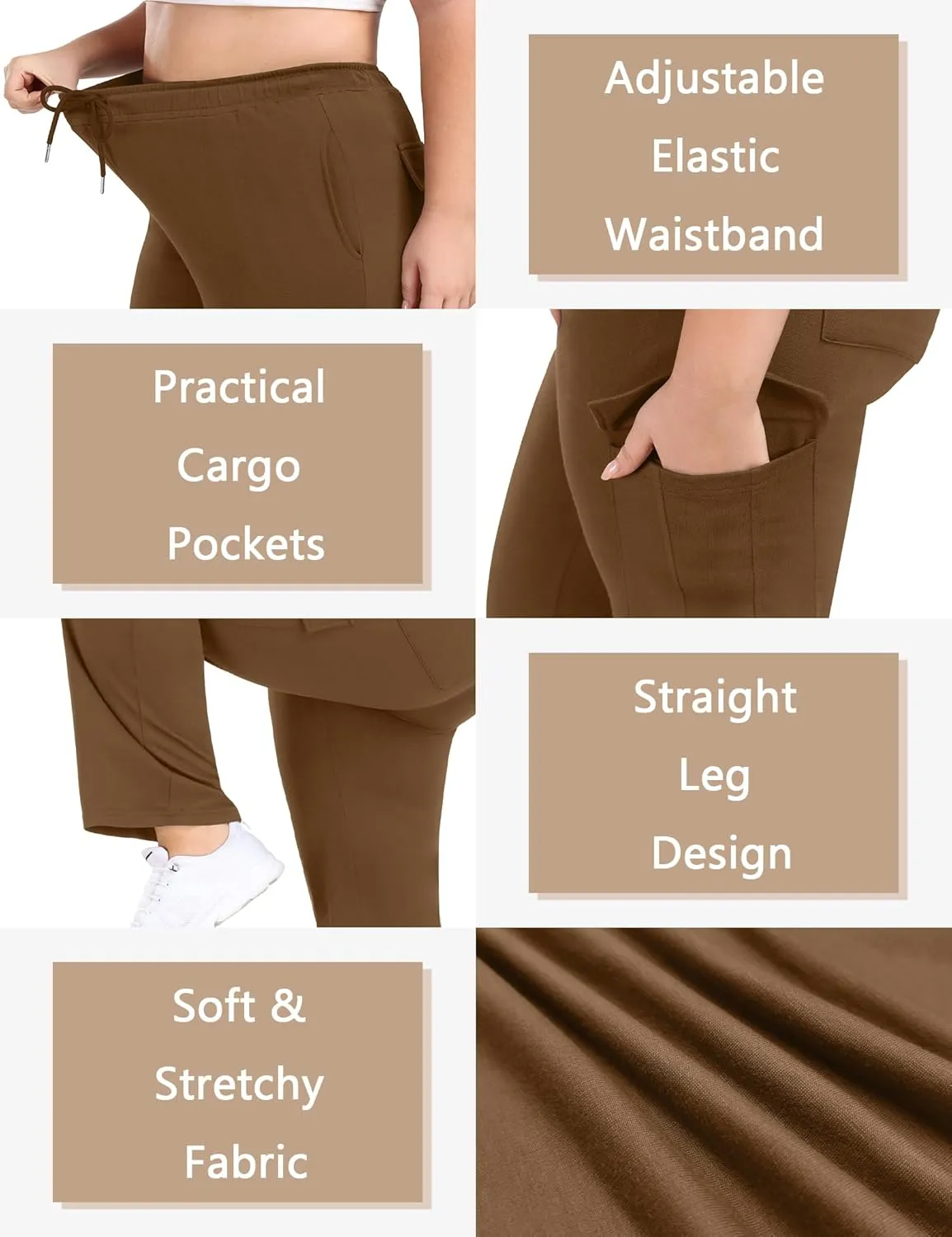 FOREYOND Plus Size Women's Cargo Sweatpants Casual Straight Leg Lounge Pants Drawstring High Waist Joggers with Pockets