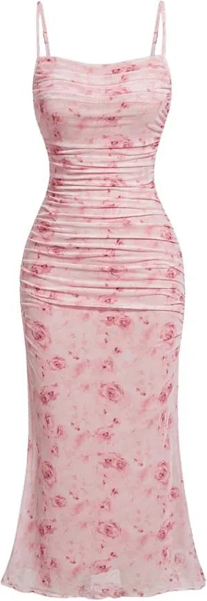 GORGLITTER Women's Floral Ruched Bodycon Midi Dress Mesh Sleeveless Fishtail Cami Dresses