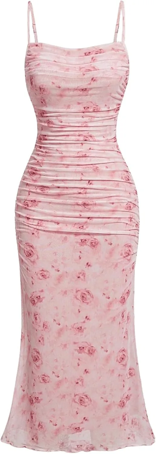 GORGLITTER Women's Floral Ruched Bodycon Midi Dress Mesh Sleeveless Fishtail Cami Dresses