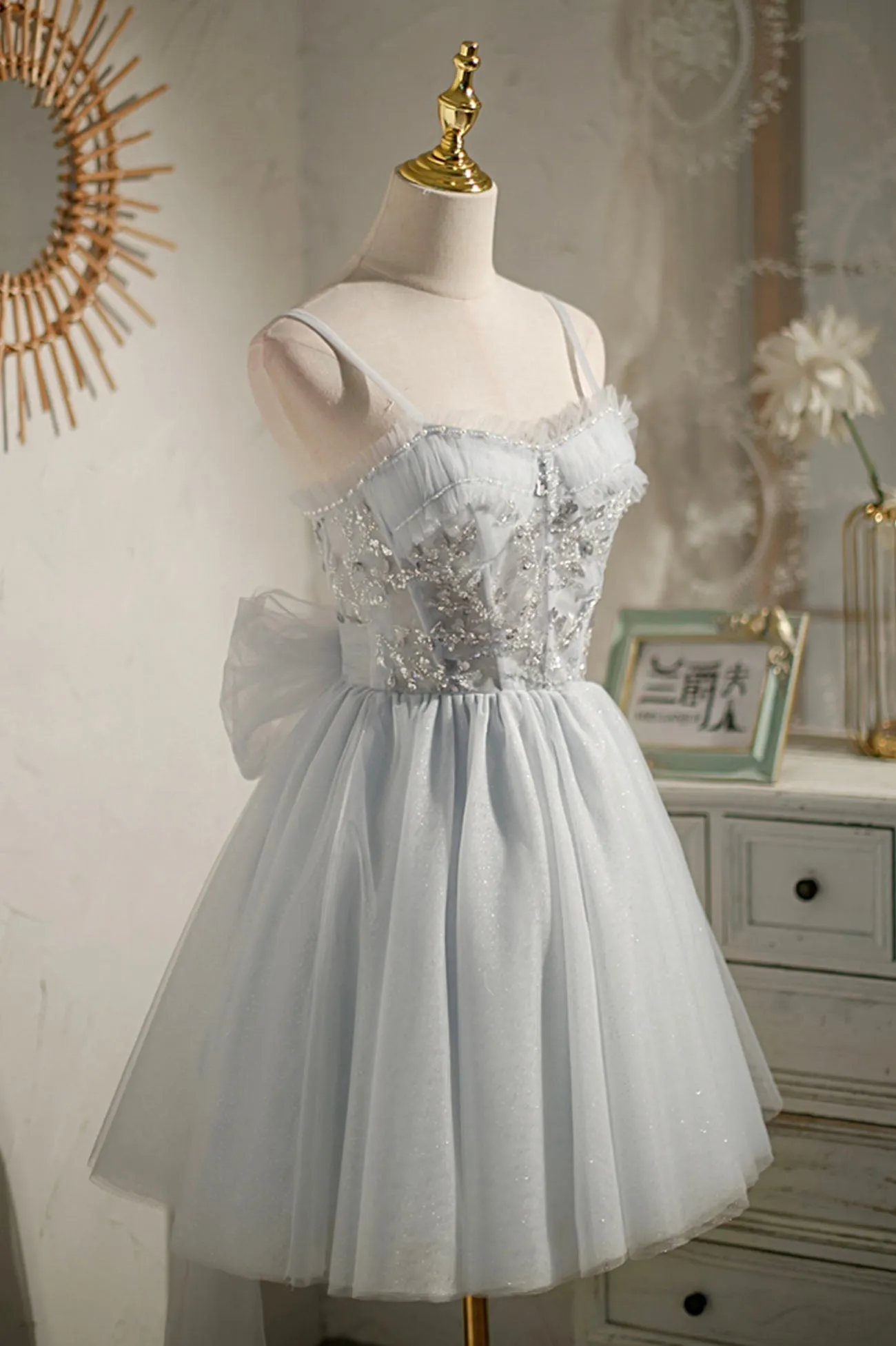 Gray Tulle Short A-Line Prom Dress Cute Evening Party Dress