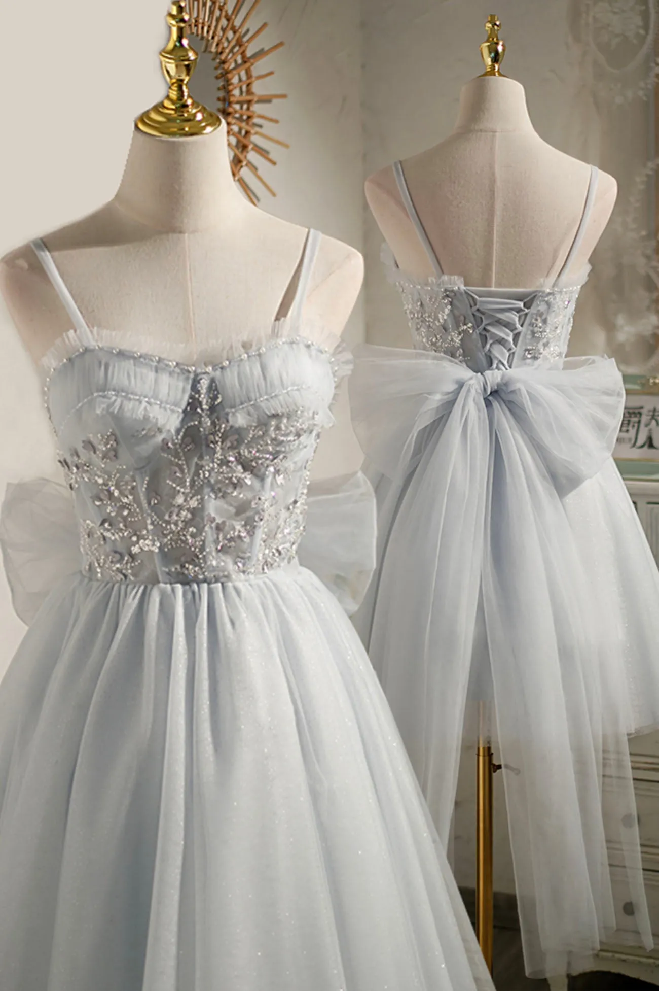 Gray Tulle Short A-Line Prom Dress Cute Evening Party Dress