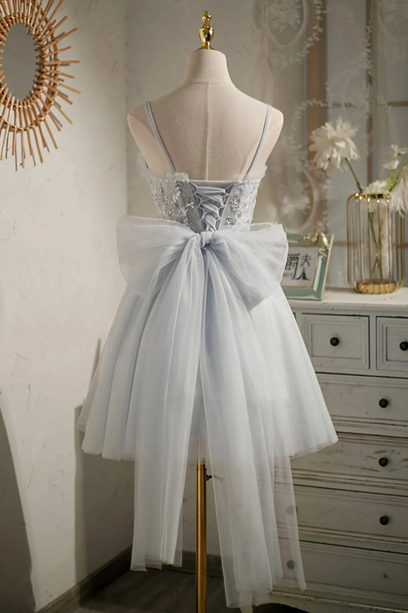 Gray Tulle Short A-Line Prom Dress Cute Evening Party Dress